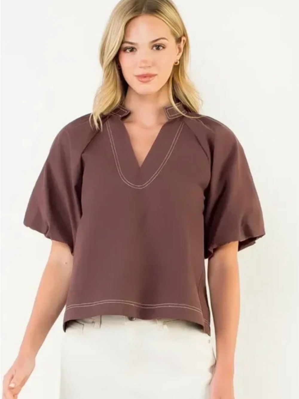 THML JAYLIN CONTRAST STITCH TOP- BROWN